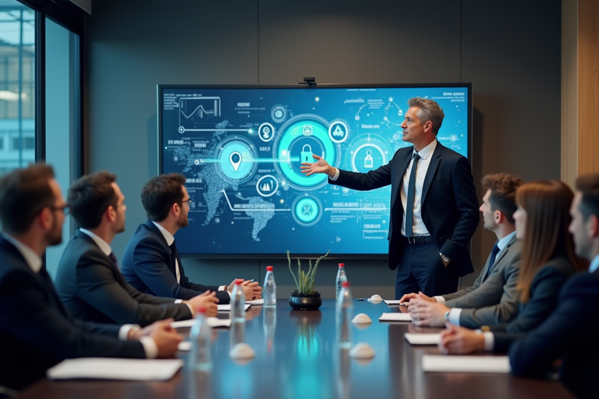 Homme en costume présentant des stratégies de cybersécurité en réunion