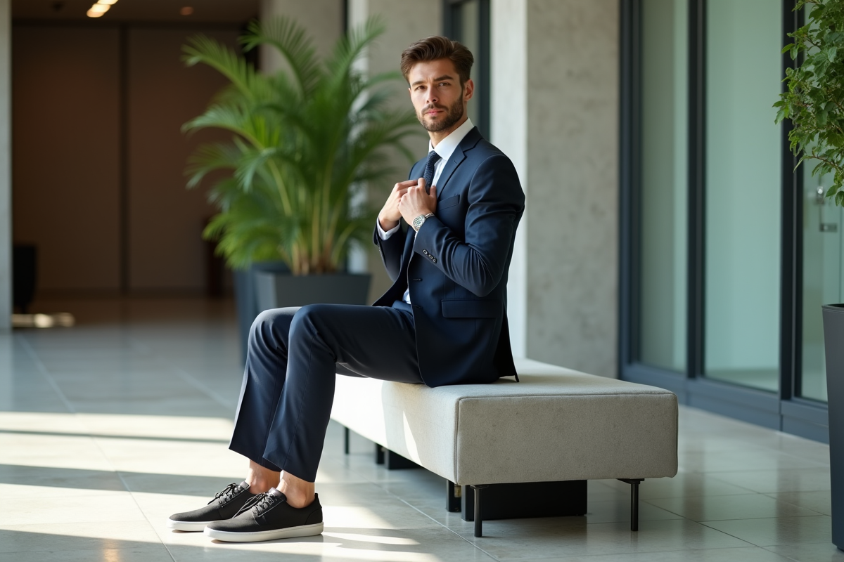 Jeune homme en costume ajusté dans un hall moderne