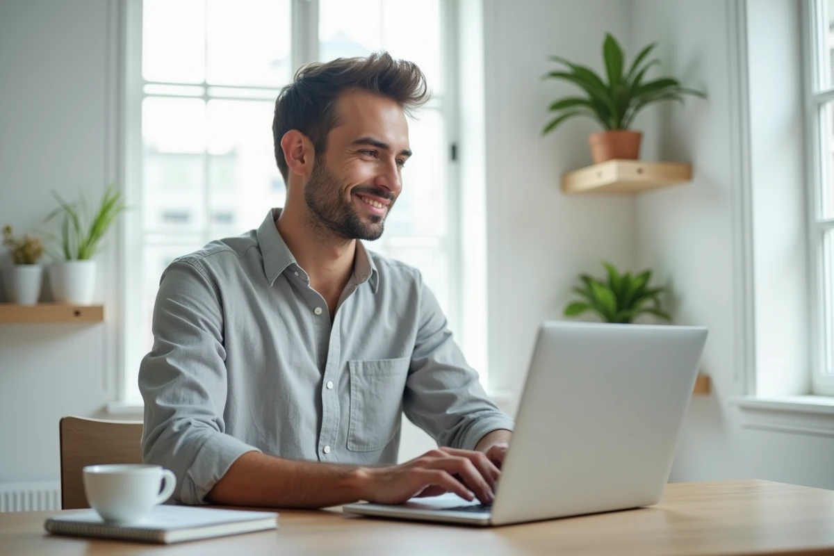 Jeune homme souriant rédigeant un message pour un ami sur son ordinateur portable dans un bureau minimaliste