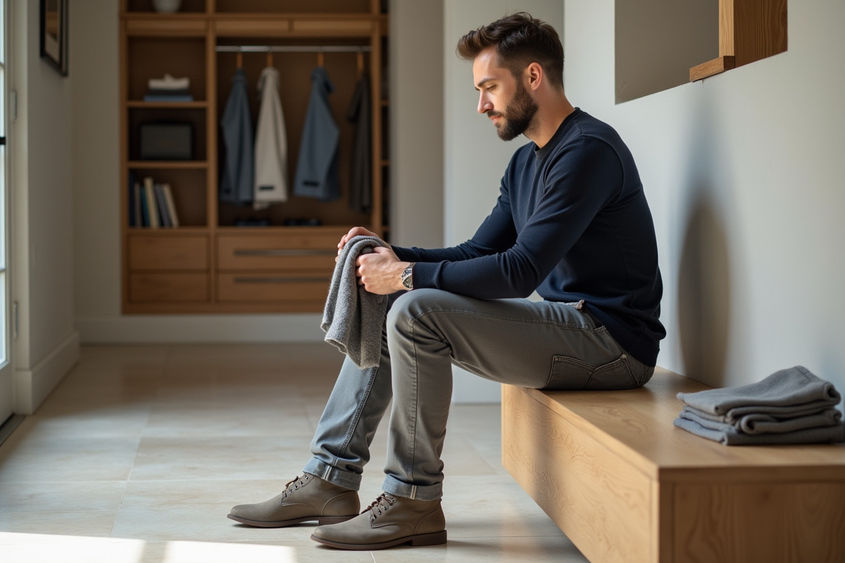 Homme pliant des vêtements dans une entrée organisée