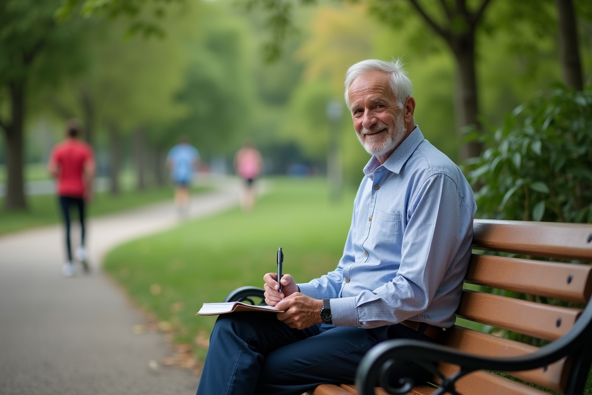 Homme plus âgé relaxant dans un parc en contemplant l