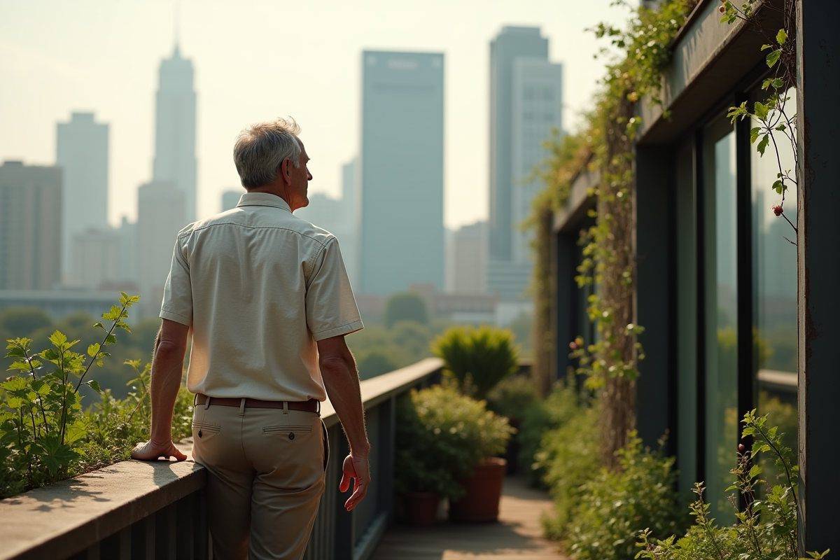 Homme regardant la ville depuis une terrasse urbaine