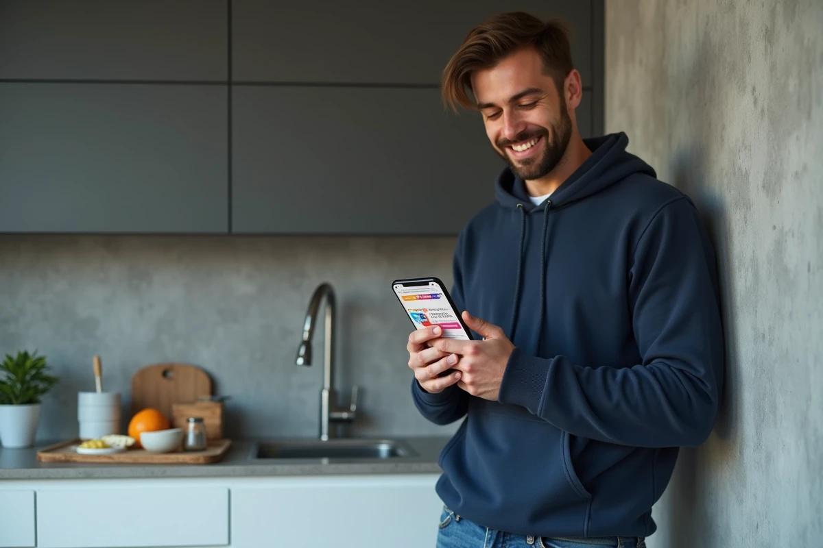 Jeune homme découvrant des remises Cyber Monday sur une application e-commerce depuis son smartphone