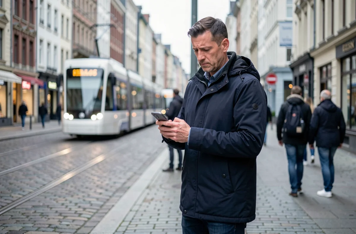 Homme consultant son smartphone dans une rue européenne pavée, vérifiant ses frais d'itinérance lors d'un appel entre la Belgique et la France