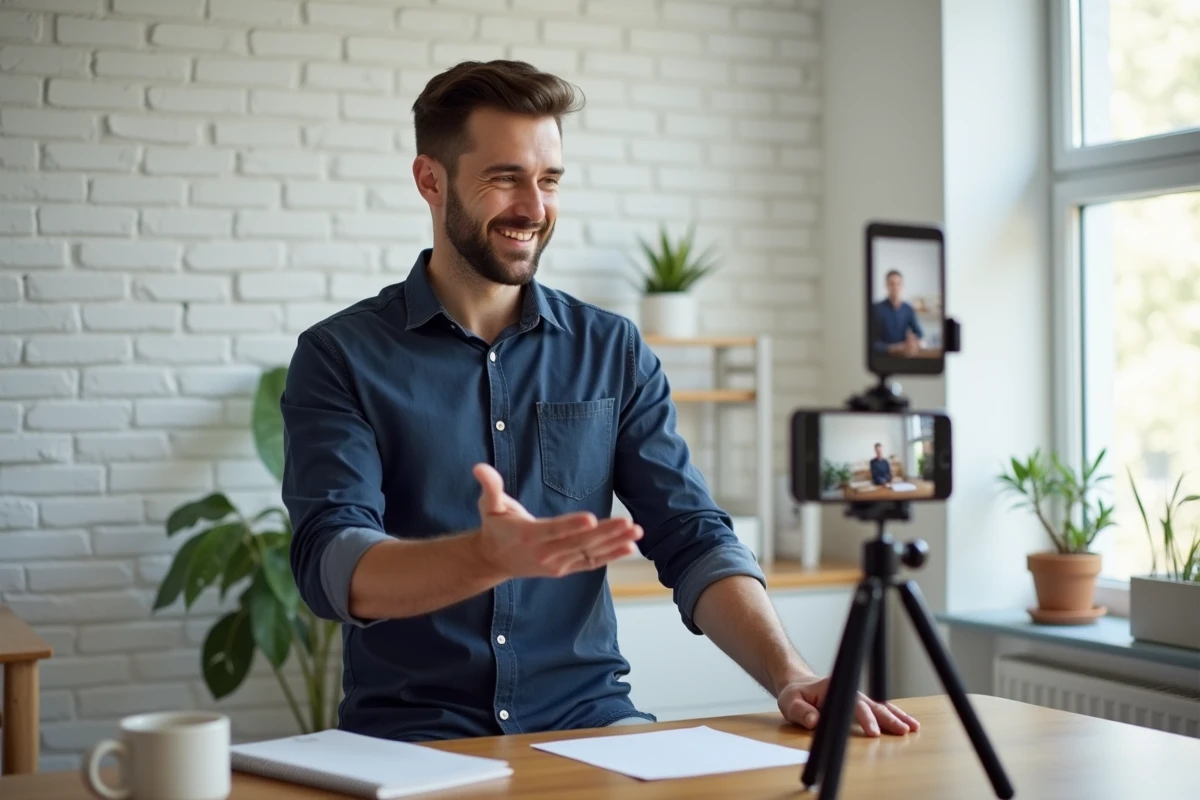 Homme filmant une vidéo pour sa story Instagram depuis un bureau à domicile minimaliste avec trépied pour smartphone