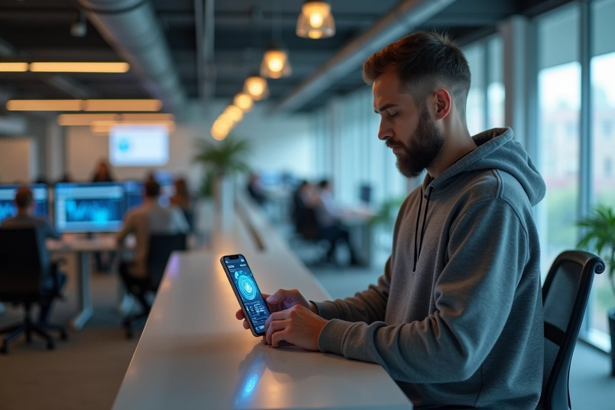 Homme tenant un smartphone affichant des icônes de traçage numérique dans un open space, symbolisant les traces laissées par les données personnelles sur internet