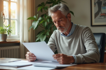 Homme d'âge moyen travaillant à domicile avec documents