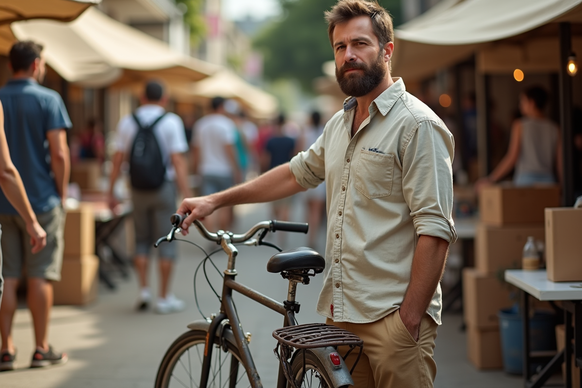 Homme avec vélo dans une brocante en plein air