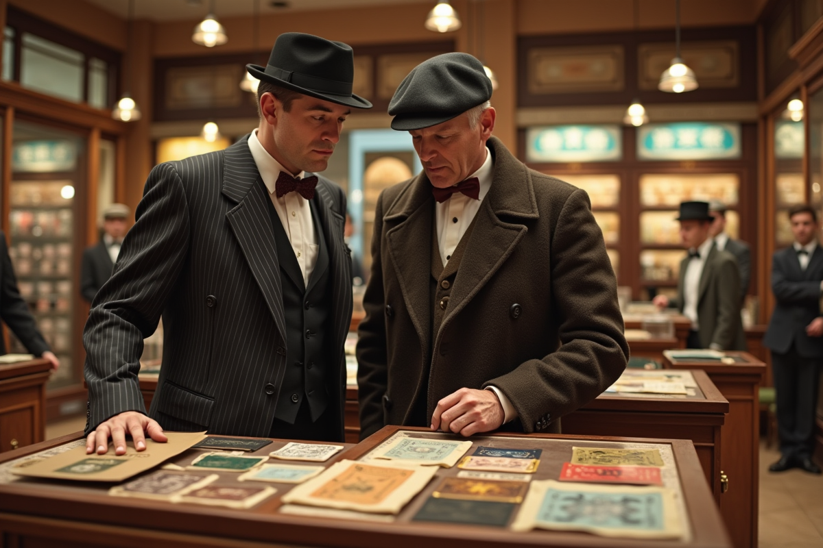 Deux hommes en tenue vintage regardant un display