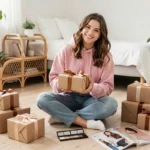 Adolescente de 16 ans souriante entourée de cadeaux emballés dans un style mode et beauté dans une chambre scandinave