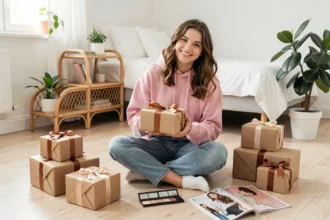 Adolescente de 16 ans souriante entourée de cadeaux emballés dans un style mode et beauté dans une chambre scandinave