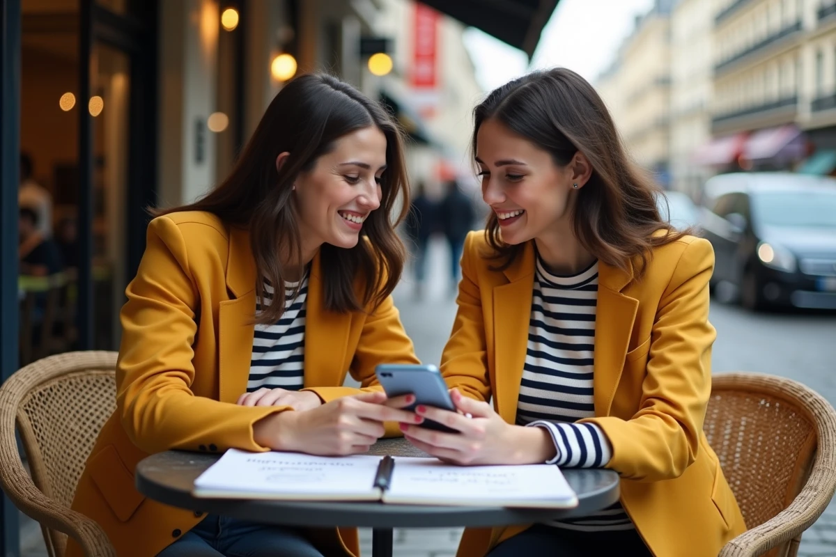 Deux femmes créant des idées de contenu pour leurs stories Instagram autour d'un café en terrasse parisienne avec un carnet de notes