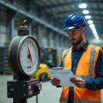 Ingénieur en entrepôt vérifiant une table de conversion kg en tonne sur un presse-papiers près d'une balance industrielle