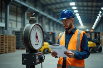 Ingénieur en entrepôt vérifiant une table de conversion kg en tonne sur un presse-papiers près d'une balance industrielle