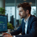 Jeune ingénieur en bureau moderne avec écrans et code