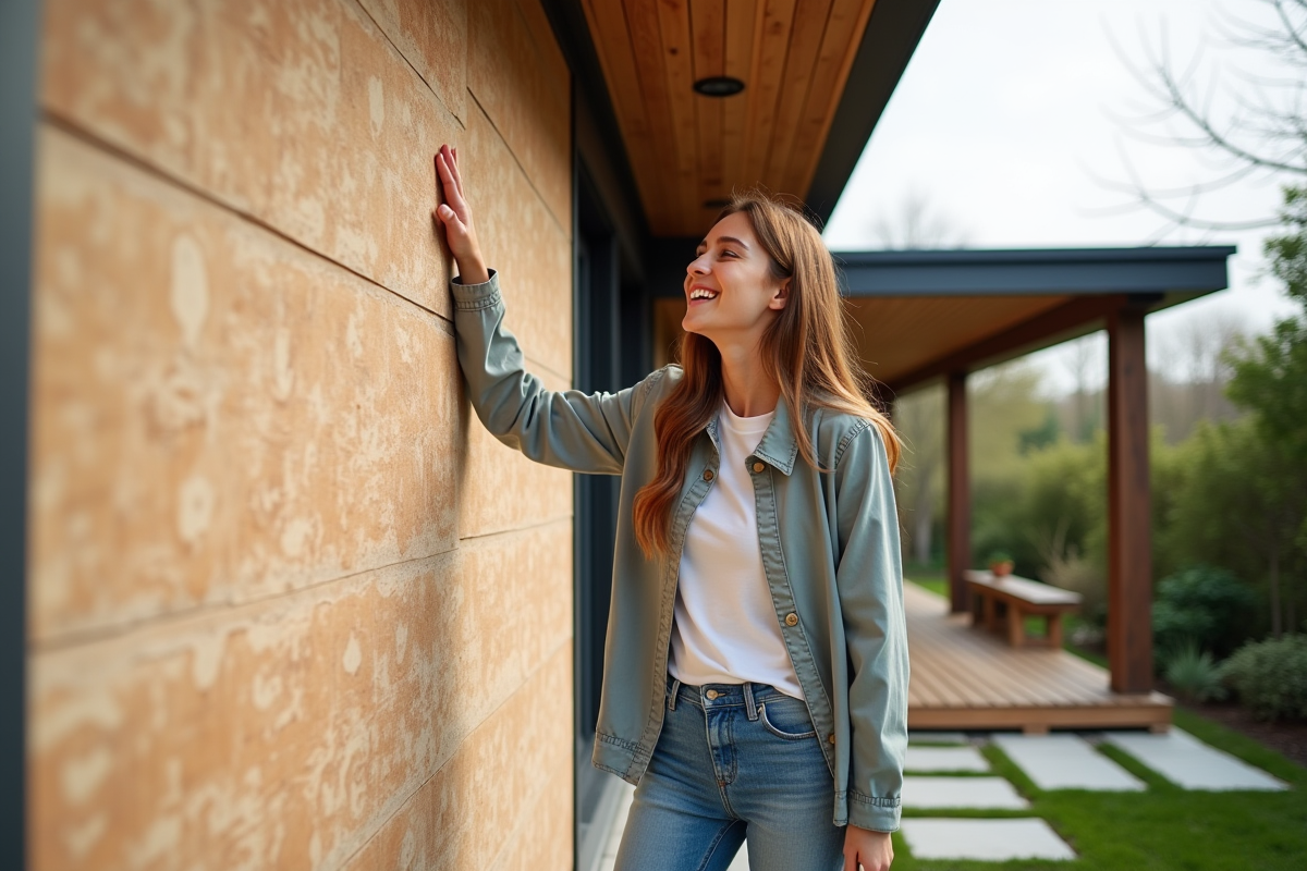 Jeune femme inspectant une isolation en fibre de bois sur un mur extérieur