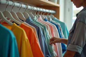 Personne inspectant un rack de vêtements d'occasion colorés