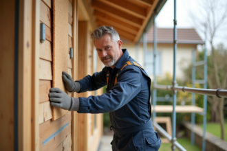 Ouvrier en overalls posant des panneaux d'isolation en fibre de bois
