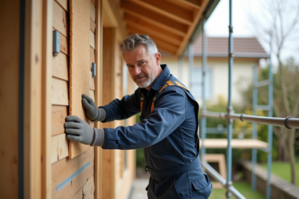 Ouvrier en overalls posant des panneaux d'isolation en fibre de bois