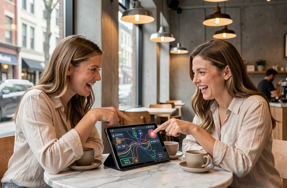 Deux femmes jouant ensemble à un jeu de bombe en ligne sur tablette dans un café moderne