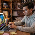 Jeune homme jouant à un jeu de bombe en ligne sur ordinateur portable dans une chambre de gamer