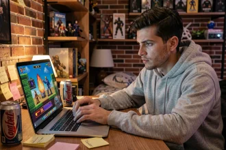 Jeune homme jouant à un jeu de bombe en ligne sur ordinateur portable dans une chambre de gamer
