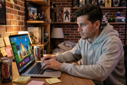 Jeune homme jouant à un jeu de bombe en ligne sur ordinateur portable dans une chambre de gamer