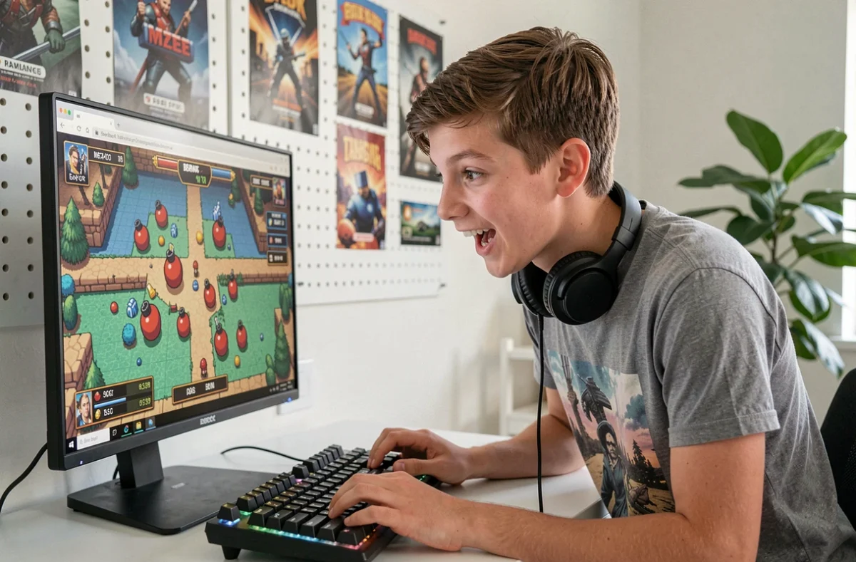 Adolescent concentré sur un jeu de bombe gratuit en ligne sur ordinateur de bureau à la maison