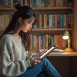 Jeune femme lisant manga sur tablette dans sa chambre