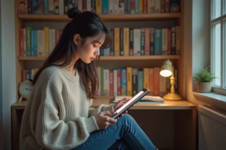 Jeune femme lisant manga sur tablette dans sa chambre