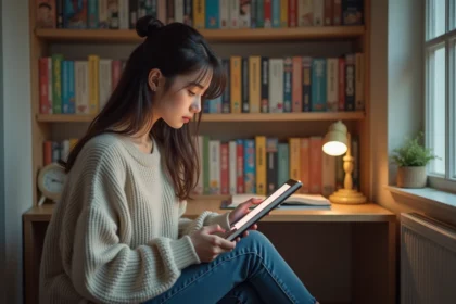 Jeune femme lisant manga sur tablette dans sa chambre