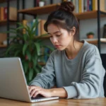 Jeune femme concentrée travaillant sur son ordinateur dans un bureau moderne