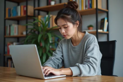 Jeune femme concentrée travaillant sur son ordinateur dans un bureau moderne