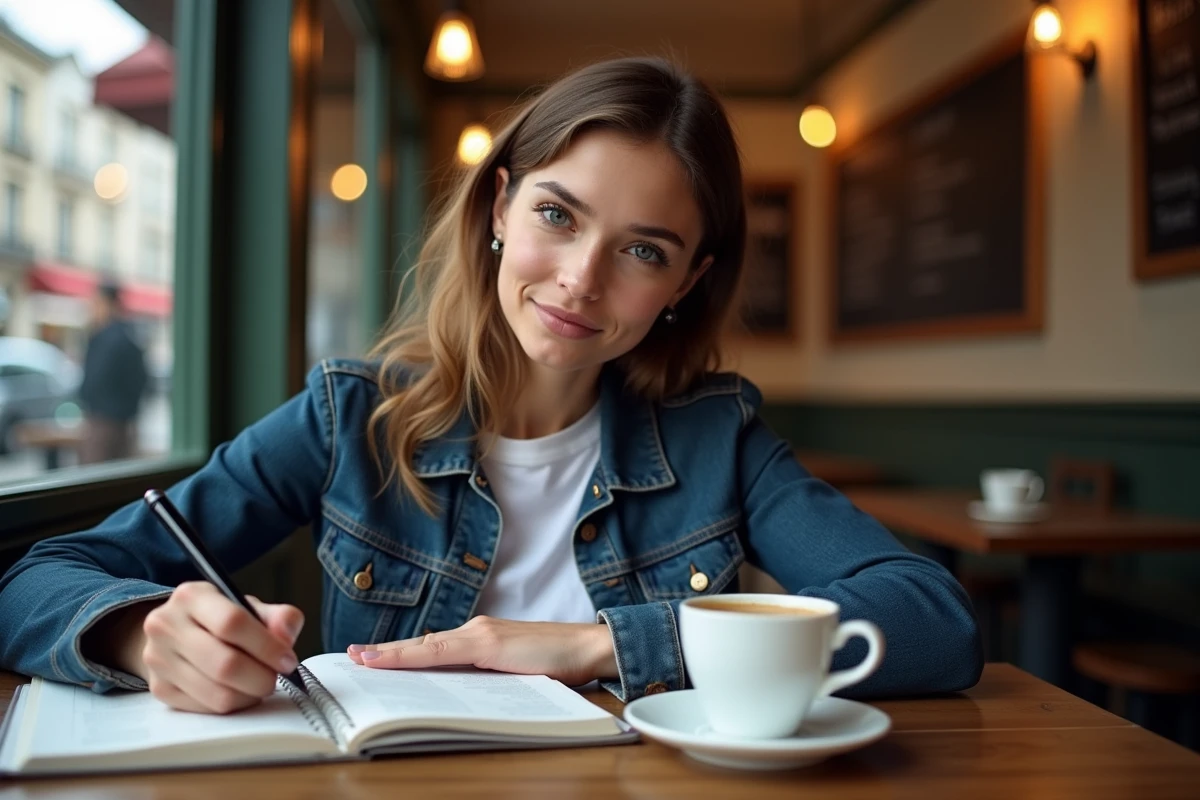 Jeune femme hésitant sur l'orthographe d'un mot en écrivant dans un carnet dans un café parisien
