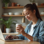 Jeune femme étudie en ligne à la maison avec un café