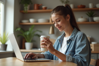 Jeune femme étudie en ligne à la maison avec un café