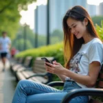 Jeune femme lisant manga sur smartphone dans un parc urbain