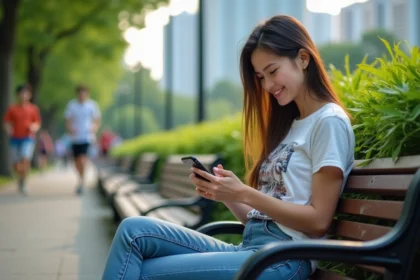 Jeune femme lisant manga sur smartphone dans un parc urbain