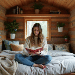 Jeune femme lisant dans une tiny house chaleureuse