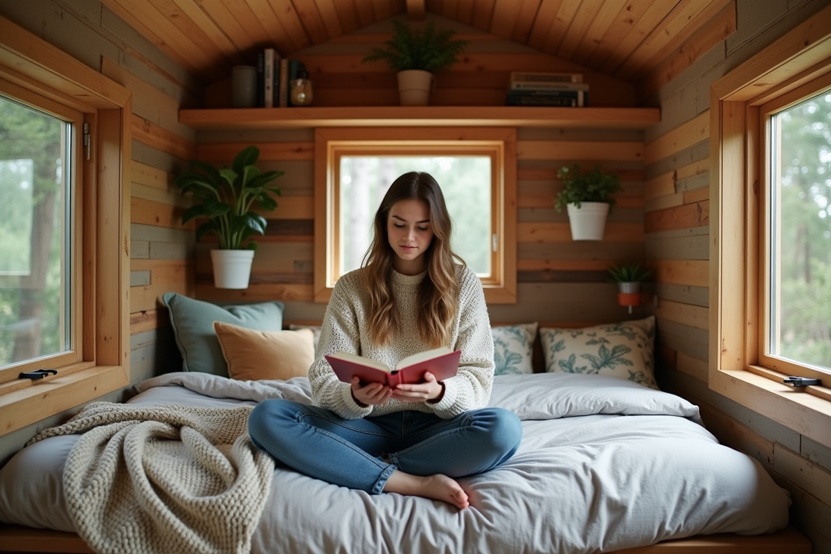 Jeune femme lisant dans une tiny house chaleureuse
