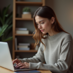 Jeune femme concentrée travaillant sur son ordinateur à la maison