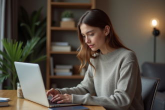 Jeune femme concentrée travaillant sur son ordinateur à la maison