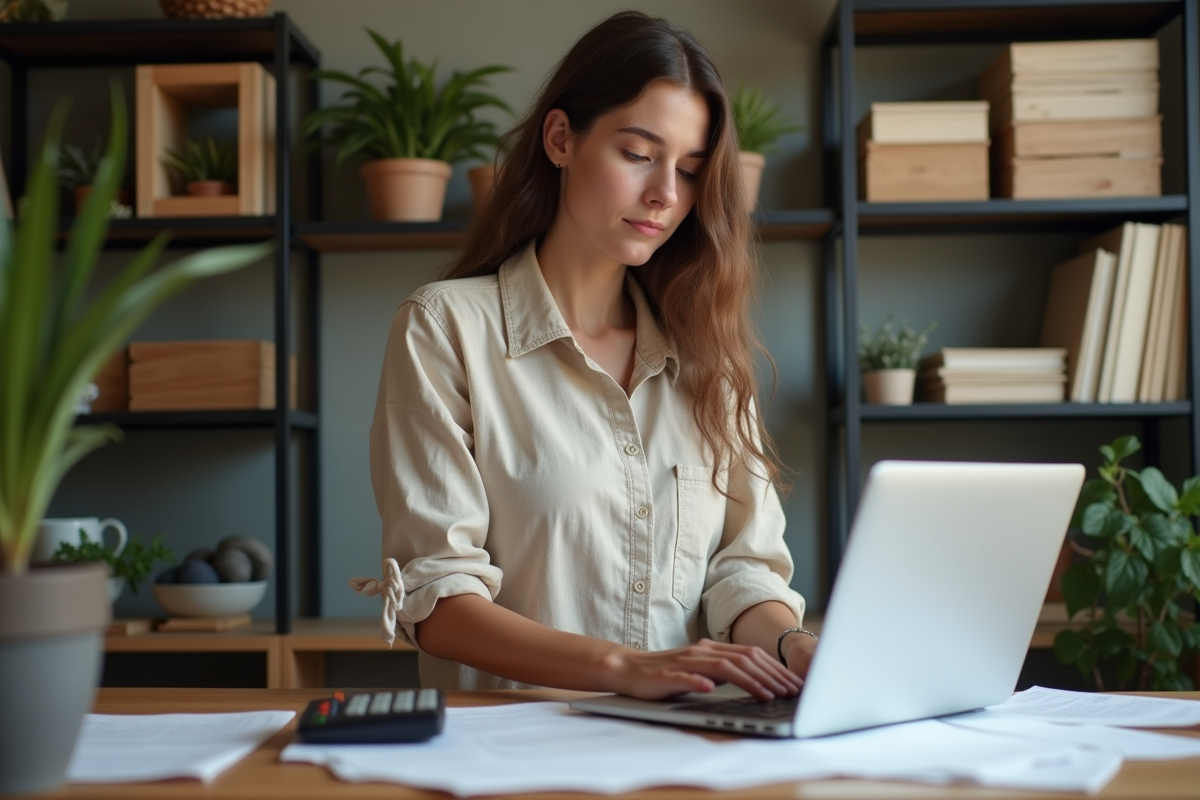 Jeune femme tapant sur un ordinateur dans son bureau