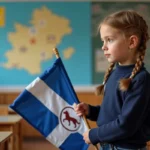 Jeune fille avec drapeau breton dans une classe