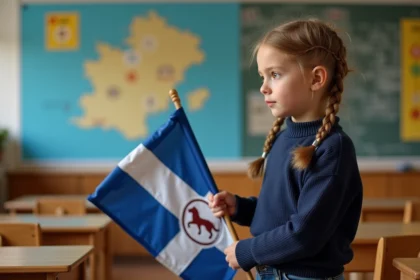 Jeune fille avec drapeau breton dans une classe