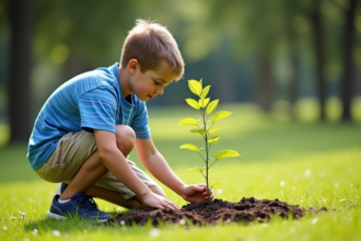 Jeune garçon plantant un arbre dans un parc en plein air