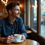 Jeune homme amoureux transi pensif dans un café parisien, regard rêveur vers la fenêtre sous la pluie