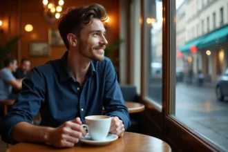 Jeune homme amoureux transi pensif dans un café parisien, regard rêveur vers la fenêtre sous la pluie