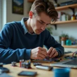 Jeune homme assemble un circuit électronique à la maison