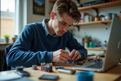 Jeune homme assemble un circuit électronique à la maison